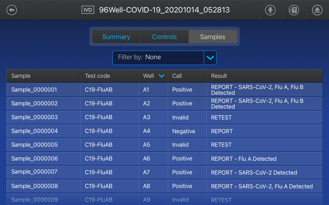 QuantStudio 7 Pro DX — on-instrument IVD results table with per-sample calls